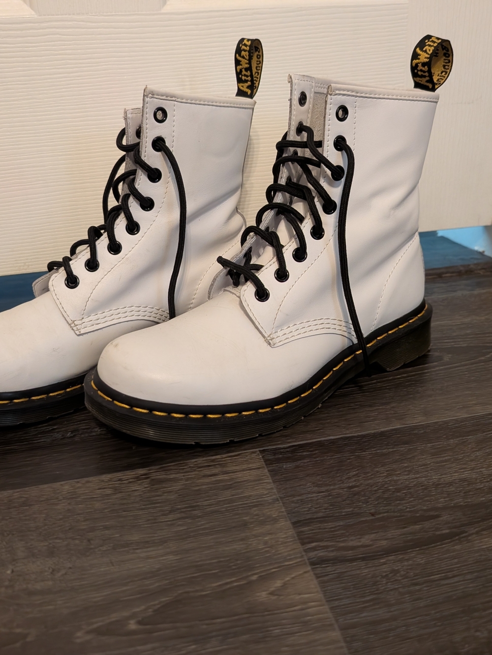 Dr. Martens White Lace-Up Combat Boots with Yellow Stitching